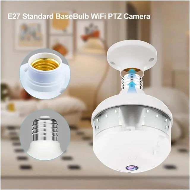 Alt view image 4 of 7 - 6MP E27 Bulb WiFi Security Camera with Spotlight, Full Color Night Vision, Two-Way Audio, 360° Panoramic Wireless Surveillance Camera(Camera add 128G Card)