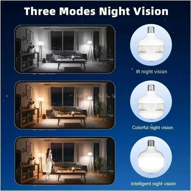 Alt view image 6 of 7 - 6MP E27 Bulb WiFi Security Camera with Spotlight, Full Color Night Vision, Two-Way Audio, 360° Panoramic Wireless Surveillance Camera(Camera add 128G Card)