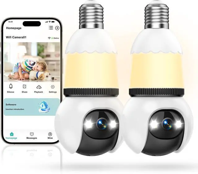 Main image of Hawkray Light Bulb Security Camera, 2 Pack, 2.4GHz & 5GHz Dual Band WiFi, 2K Full Color Night Vision, 360° Pan Tilt Wireless Indoor Outdoor Camera with Motion Detection, Two-Way Audio, Siren Alarm