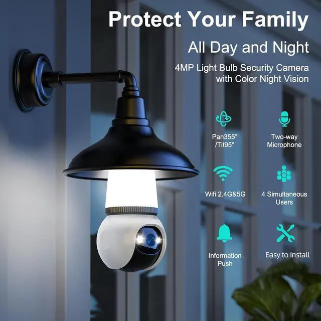 Alt view image 2 of 7 - Hawkray Light Bulb Security Camera, 2 Pack, 2.4GHz & 5GHz Dual Band WiFi, 2K Full Color Night Vision, 360° Pan Tilt Wireless Indoor Outdoor Camera with Motion Detection, Two-Way Audio, Siren Alarm