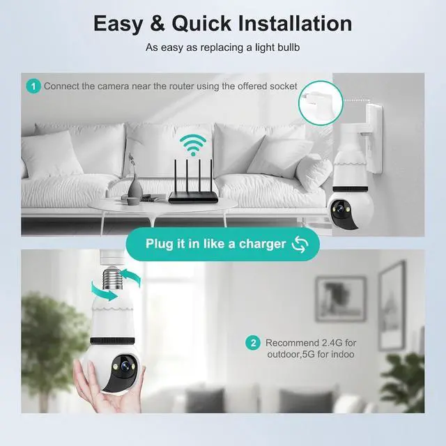 Alt view image 3 of 7 - Hawkray Light Bulb Security Camera, 2 Pack, 2.4GHz & 5GHz Dual Band WiFi, 2K Full Color Night Vision, 360° Pan Tilt Wireless Indoor Outdoor Camera with Motion Detection, Two-Way Audio, Siren Alarm