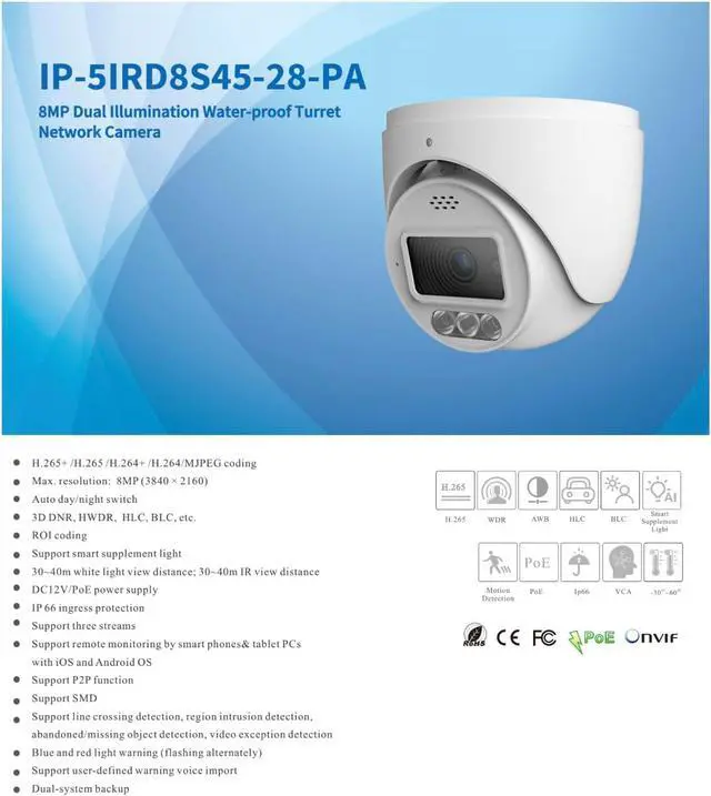 Alt view image 2 of 4 - ENS Titanium IP-5IRD8S45-28-PA IP 8MP 4K 24/7 Full-Color Built-in Mic PoE Turret Camera