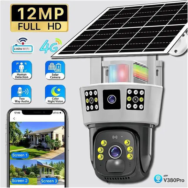 Alt view image 2 of 7 - V380Pro Camera 4G Sim 12MP 6K Triple Screen Solar CCTV Night Vision Security PTZ WiFi Home Protection Motion Detection Camera(WiFi Version cam,128G TF Card)