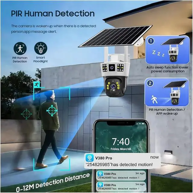 Alt view image 6 of 7 - V380Pro Camera 4G Sim 12MP 6K Triple Screen Solar CCTV Night Vision Security PTZ WiFi Home Protection Motion Detection Camera(WiFi Version cam,128G TF Card)