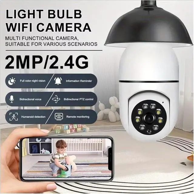 Alt view image 2 of 6 - 360° PTZ Bulb WiFi Security Camera, Wireless Indoor & Outdoor IP Surveillance Monitor with Night Vision Smart Home Security Cam