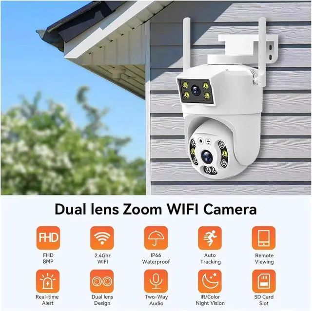 Alt view image 2 of 6 - 8MP 4K Dual Lens WiFi PTZ Camera Smart Home Night Vision Dual Screen Outdoor 6MP Security Protection CCTV IP Camera V380 Pro APP(AU Plug,6MP Add 128G Card)