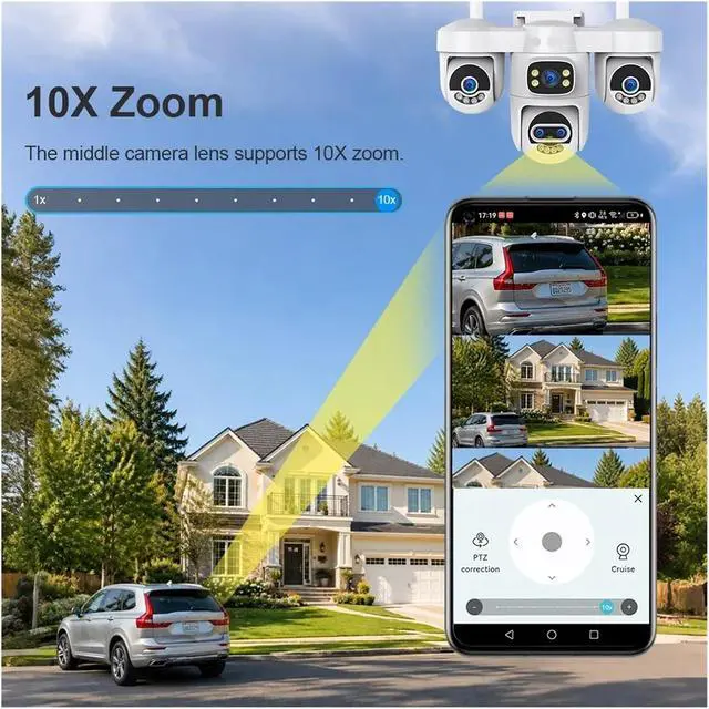 Alt view image 4 of 7 - 20MP 10X Zoom 5-Lens 4-Screen Outdoor WiFi PTZ Security Cam Auto Tracking with 5m Power Cable(EU,WiFi Cam add 128GB)