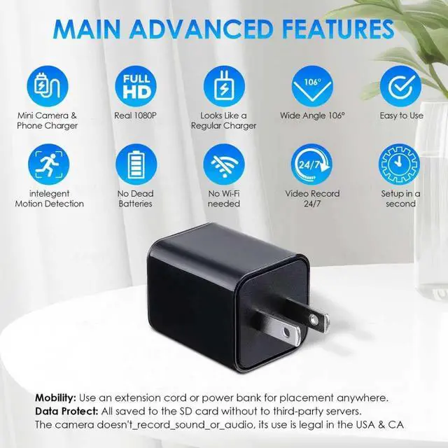 Alt view image 3 of 7 - Mini Camera USB Charger Full HD 1080P Video, Security Charger Cam for Home & Office Monitoring, Wall USB Camera with 32GB Micro SD Card