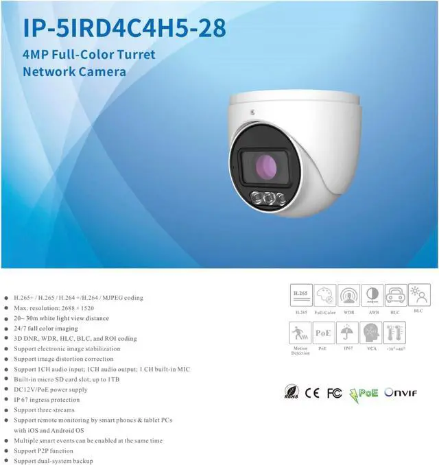 Alt view image 2 of 4 - ENS Titanium IP-5IRD4C4H5-28 IP 4MP 2.8mm 98ft White Light Color WDR AI PoE Turret Camera