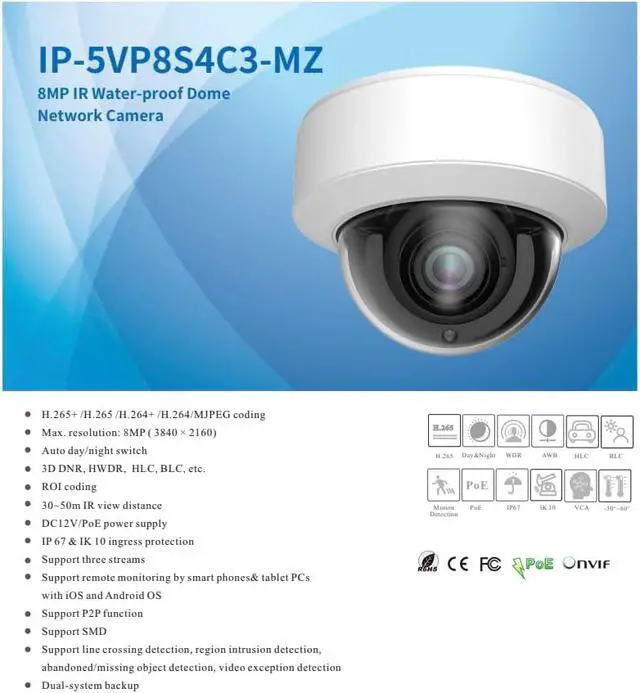 Alt view image 2 of 4 - ENS Titanium IP-5VP8S4C3-MZ IP 8MP 4K 2.8-12mm Motorized Zoom 164ft IR AI Vandal Dome Camera