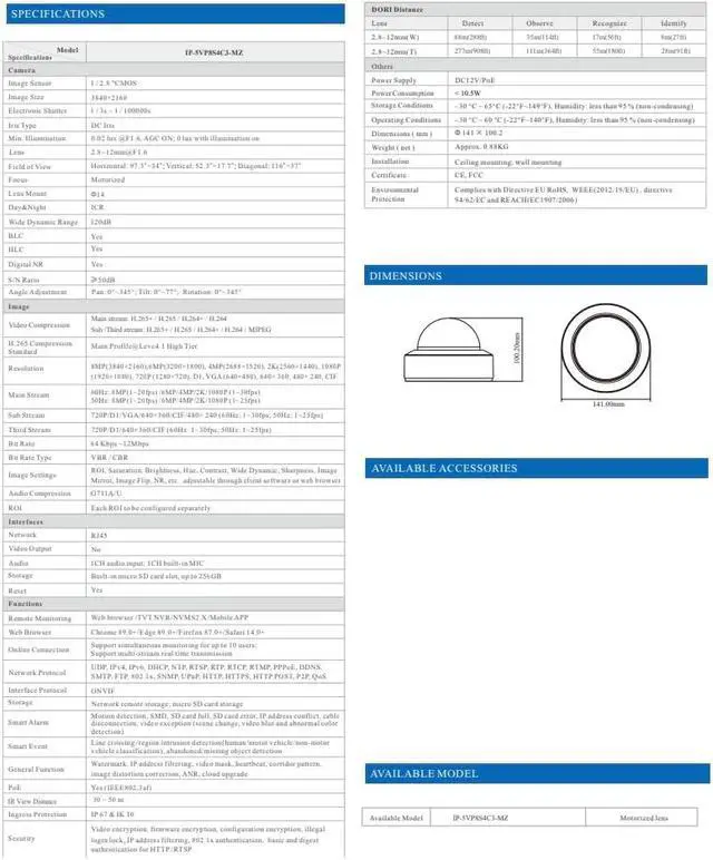 Alt view image 3 of 4 - ENS Titanium IP-5VP8S4C3-MZ IP 8MP 4K 2.8-12mm Motorized Zoom 164ft IR AI Vandal Dome Camera