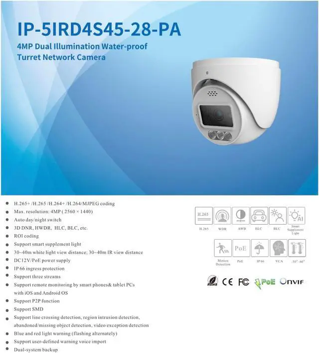 Alt view image 2 of 4 - ENS Titanium IP-5IRD4S45-28-PA IP 4MP 2.8mm Full Color Dual Light WDR AI PoE Turret Camera