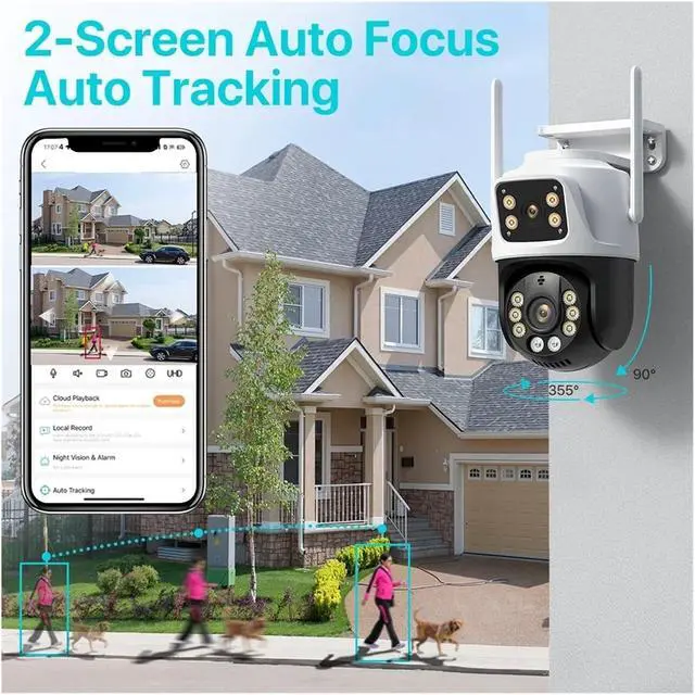 Alt view image 3 of 6 - 4K 8MP HD WiFi PTZ Camera Outdoor 6MP Dual Lens Dual Screen AI Auto Tracking IP Camera CCTV Audio Video Surveillance P2P(US Plug,8MP NO Card)