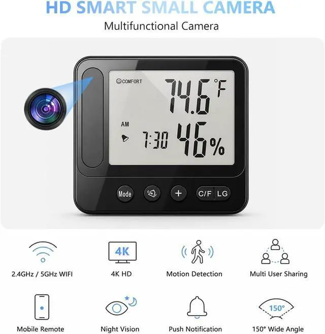 Alt view image 2 of 7 - Ultra 4K HD Security Hidden Camera Wireless Smart Indoor Hygrometer Thermometer with App Remote Control, Motion Detection, Night Vision, Temperature & Humidity Alert and Alarm Clock, Support 2.4G&5G