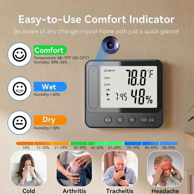 Alt view image 6 of 7 - Ultra 4K HD Security Hidden Camera Wireless Smart Indoor Hygrometer Thermometer with App Remote Control, Motion Detection, Night Vision, Temperature & Humidity Alert and Alarm Clock, Support 2.4G&5G