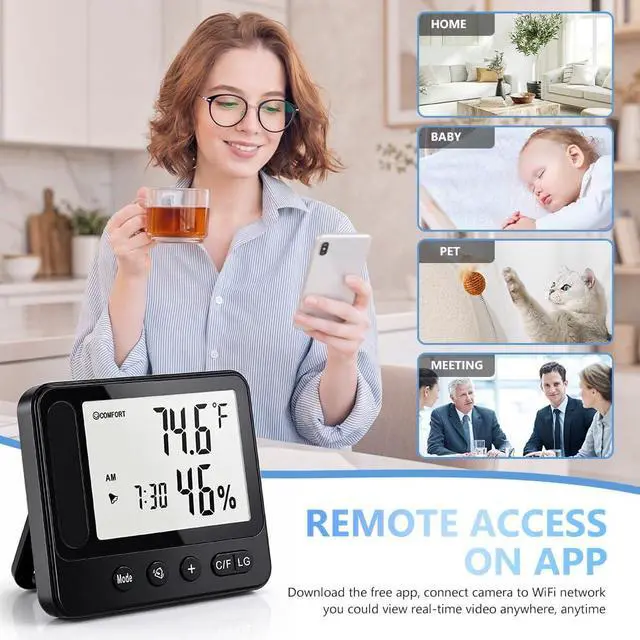 Alt view image 7 of 7 - Ultra 4K HD Security Hidden Camera Wireless Smart Indoor Hygrometer Thermometer with App Remote Control, Motion Detection, Night Vision, Temperature & Humidity Alert and Alarm Clock, Support 2.4G&5G
