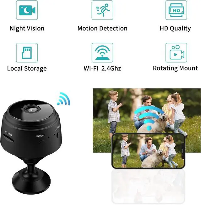 Alt view image 6 of 6 - Hidden Camera Mini Spy Camera 1080P WiFi, Wireless Pet Camera Indoor Security Cam with Night Vision, Motion Detection, Nanny Cam for Home Baby Monitor, TF Card Storage-Black