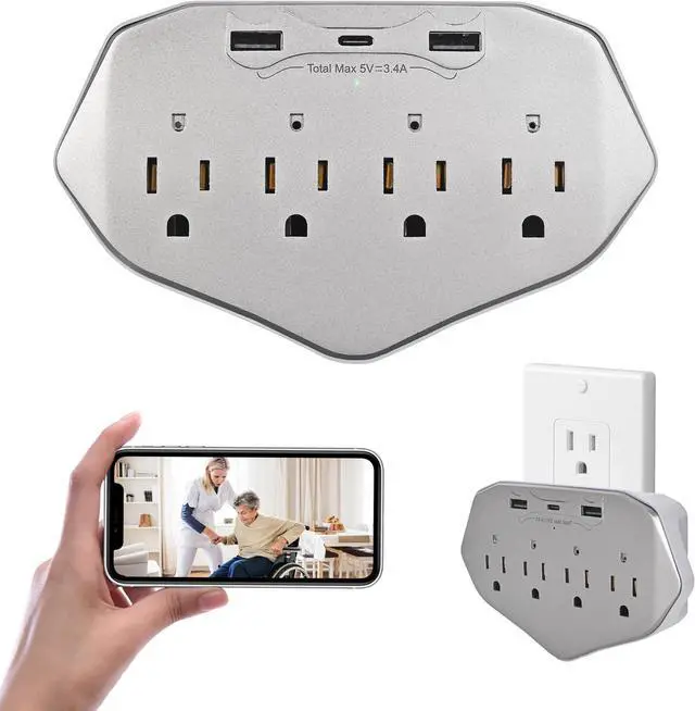 Main image of 1080P WiFi Wall Outlet Camera with 45W Fast Charging, 4 AC Outlets, USB-C & USB-A Charging Ports, Remote Viewing Security Camera with Loop Recording, No Night Vision
