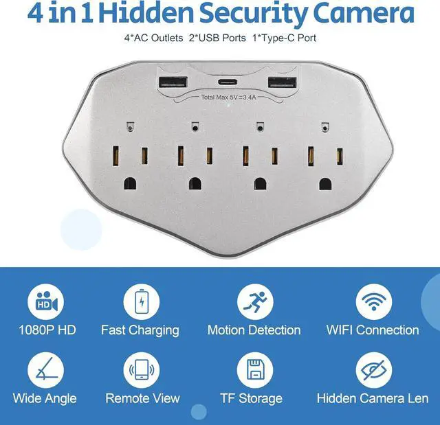 Alt view image 3 of 7 - 1080P WiFi Wall Outlet Camera with 45W Fast Charging, 4 AC Outlets, USB-C & USB-A Charging Ports, Remote Viewing Security Camera with Loop Recording, No Night Vision