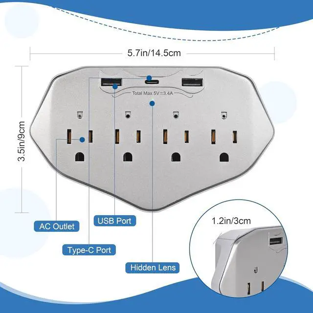 Alt view image 4 of 7 - 1080P WiFi Wall Outlet Camera with 45W Fast Charging, 4 AC Outlets, USB-C & USB-A Charging Ports, Remote Viewing Security Camera with Loop Recording, No Night Vision