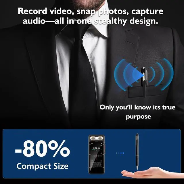 Alt view image 2 of 7 - 1080P Mini Pen Camera 64GB, All-in-One Writing Pen, Portable Pocket Video Recorder, Small Body Cam with Loop Recording, Rechargeable, for Travel/Meeting/Classroom/Personal Safety