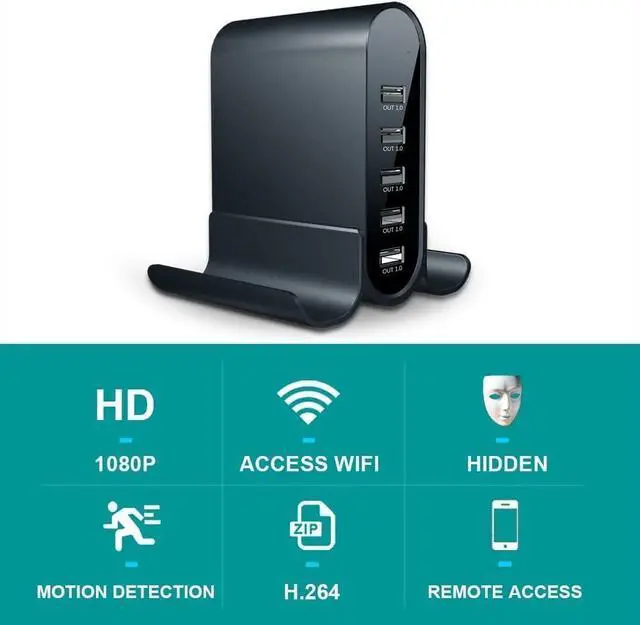 Alt view image 3 of 6 - 2026 Upgraded 1080P HD Spy Nanny Cam Hidden Camera Charger with 5 USB Ports, WiFi Security Camera, Live Streaming, Motion Detection, Pet Camera, Indoor Home Office Monitoring