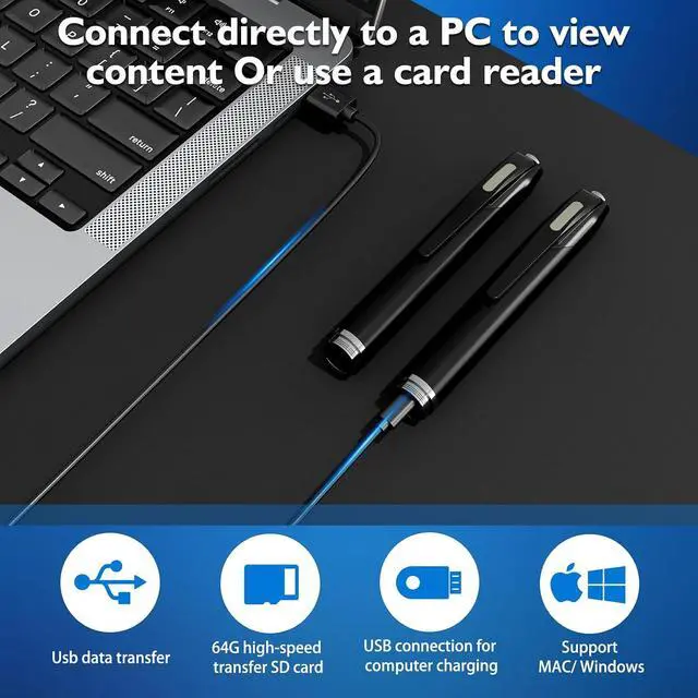 Alt view image 5 of 7 - 1080P Mini Pen Camera 64GB, All-in-One Writing Pen, Portable Pocket Video Recorder, Small Body Cam with Loop Recording, Rechargeable, for Travel/Meeting/Classroom/Personal Safety