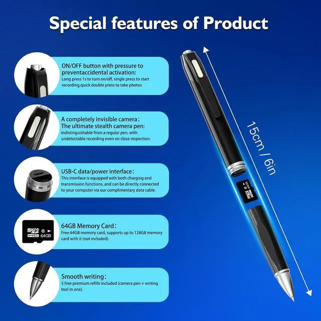Alt view image 6 of 7 - 1080P Mini Pen Camera 64GB, All-in-One Writing Pen, Portable Pocket Video Recorder, Small Body Cam with Loop Recording, Rechargeable, for Travel/Meeting/Classroom/Personal Safety