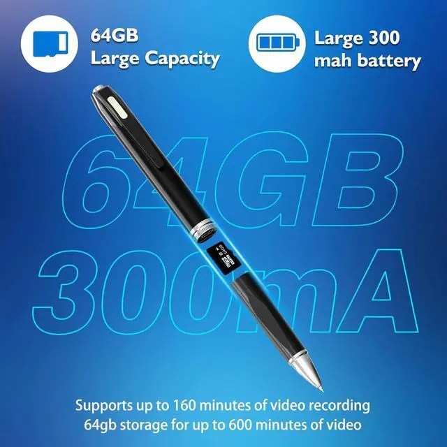 Alt view image 7 of 7 - 1080P Mini Pen Camera 64GB, All-in-One Writing Pen, Portable Pocket Video Recorder, Small Body Cam with Loop Recording, Rechargeable, for Travel/Meeting/Classroom/Personal Safety