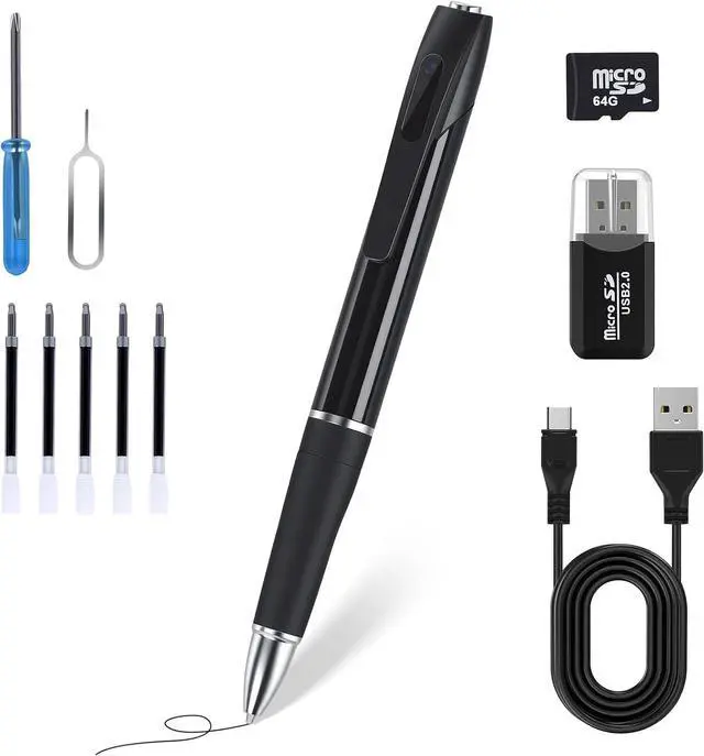 Main image of Mini Hidden Camera Pen with 64GB Memory Card, 1080P HD Small Nanny Camera, USB Rechargeable Security Body Camera Pen for Indoor Outdoor