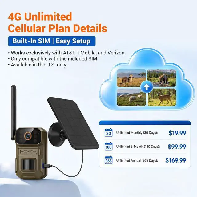 Alt view image 7 of 7 - Cellular Solar Trail Camera with Night Vision, 0.1s Motion Activated, IP66 Waterproof, 1080P Outdoor Security Camera for Backyard, No WiFi Needed, SIM Card & Cloud Storage Included