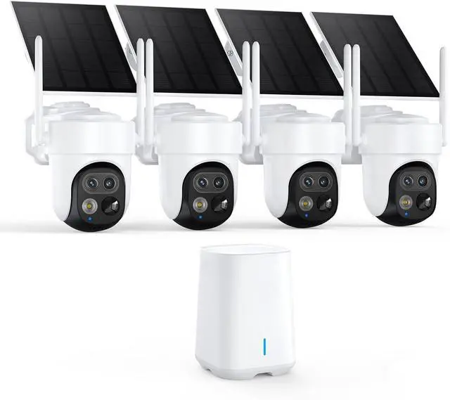 Main image of Solar Security Cameras Wireless Outdoor 4-Pack with NVR, Dual-Lens 2K+2K WiFi Home Security Camera System, 360° Auto Tracking, AI Human & Vehicle Detection, Color Night Vision, No Monthly Fee