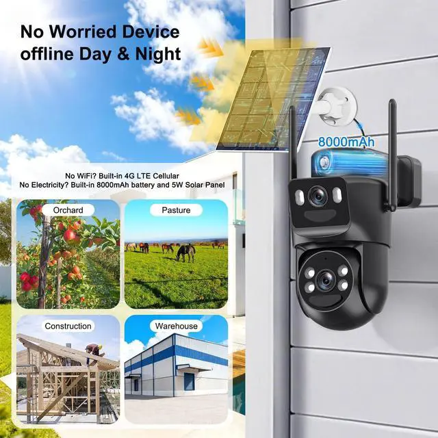 Alt view image 3 of 7 - 4G LTE Solar Security Camera Wireless Outdoor, 2K Color Night Vision PTZ Security Camera with 360° Pan 90° Tilt, 6X Hybrid Zoom, Solar Powered & Battery Operated, No WiFi Security Camera