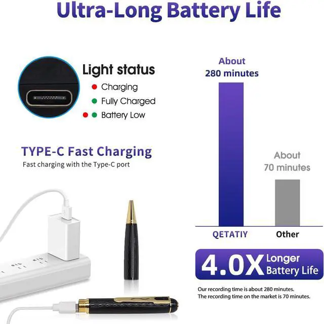 Alt view image 2 of 5 - 1080P Body Camera Pen, 64GB Metal Spy Pen Hidden Camera, Small Nanny Cam with 280 Minutes Battery Life for Home Indoor Security