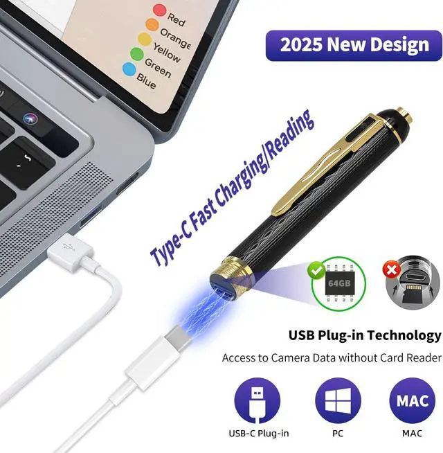 Alt view image 3 of 5 - 1080P Body Camera Pen, 64GB Metal Spy Pen Hidden Camera, Small Nanny Cam with 280 Minutes Battery Life for Home Indoor Security