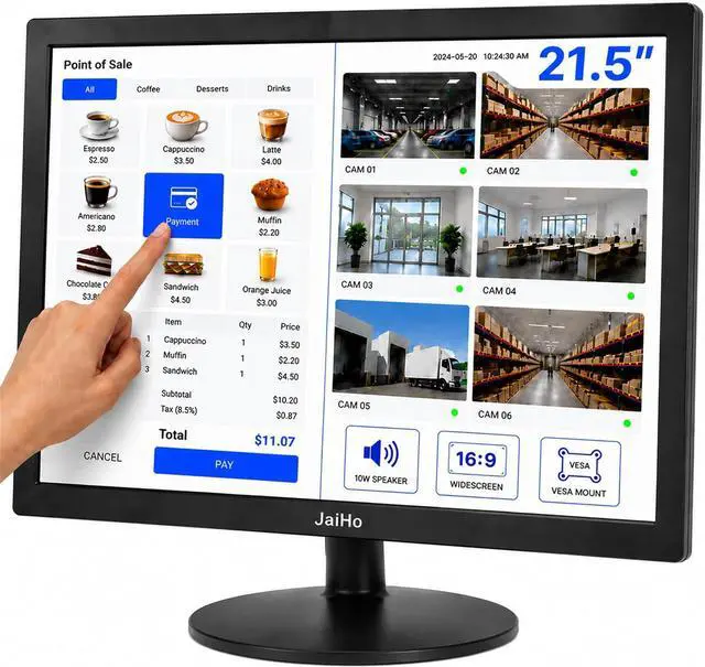Main image of 21.5-Inch Touchscreen Monitor, 1920x1080 Full HD 16:10 Display, 400cd/m² High Brightness, BNC HDMI VGA AV USB Input, Responsive Touch Screen for Self-Service Kiosk Industrial CCTV Security