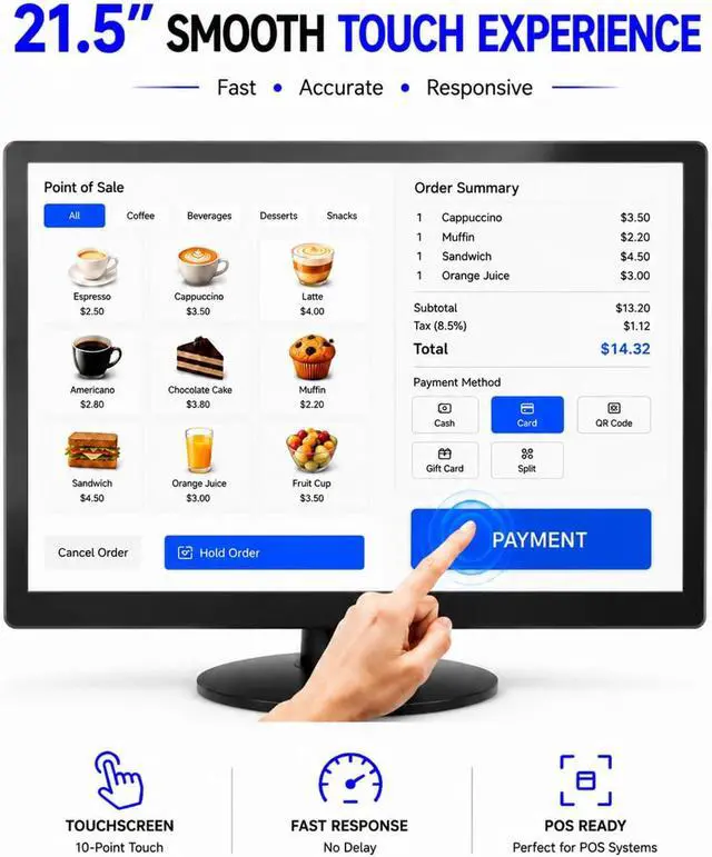Alt view image 2 of 7 - 21.5-Inch Touchscreen Monitor, 1920x1080 Full HD 16:10 Display, 400cd/m² High Brightness, BNC HDMI VGA AV USB Input, Responsive Touch Screen for Self-Service Kiosk Industrial CCTV Security