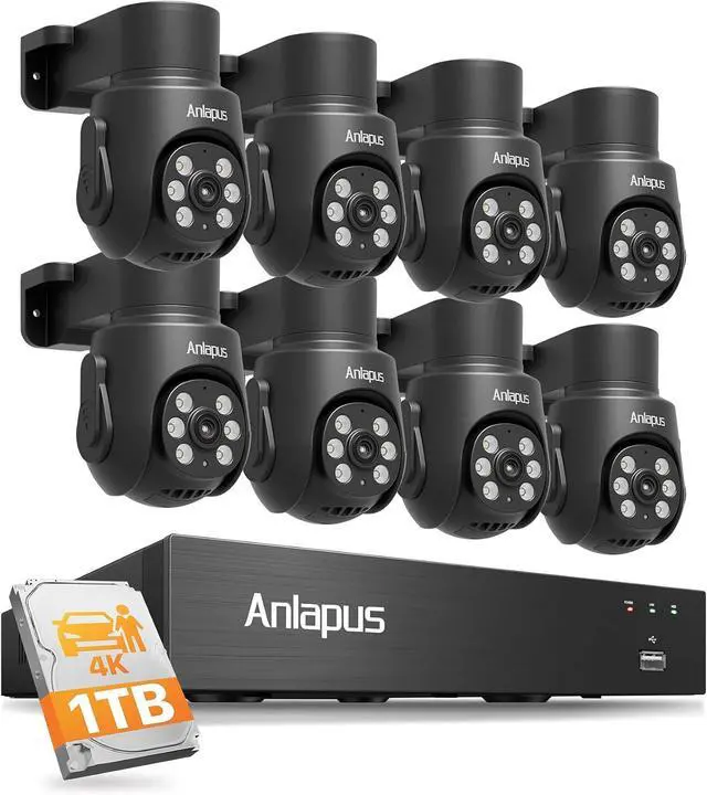 Main image of Anlapus 4K 8CH Wired Security Camera System Outdoor, 8 x 8MP IP66 Pan Tilt CCTV Cameras for Home Security, Night Vision, AI Human Vehicle Detection, 360° Coverage, Audio Recording, 8CH 1TB HDD