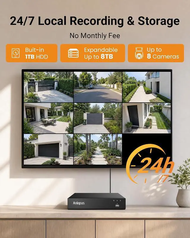 Alt view image 7 of 7 - Anlapus 4K 8CH Wired Security Camera System Outdoor, 8 x 8MP IP66 Pan Tilt CCTV Cameras for Home Security, Night Vision, AI Human Vehicle Detection, 360° Coverage, Audio Recording, 8CH 1TB HDD
