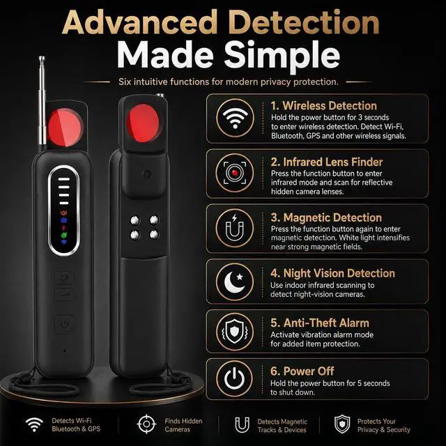 Alt view image 6 of 7 - Hidden Camera Detector, 5-in-1 Privacy Protection Tool with Camera Lens Finder, Environment Check, Magnetic Detection, Infrared Light Check & Anti-Theft Alarm for Hotel, Travel, Office, Car