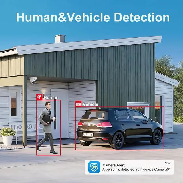 Alt view image 2 of 7 - UNILOOK 5MP PoE Camera, IP Security Camera Outdoor Wired, AI Human & Vehicle Detection, Smart Color Night Vision 100ft, Built-in Mic, IP66, Full Metal, Business, NDAA