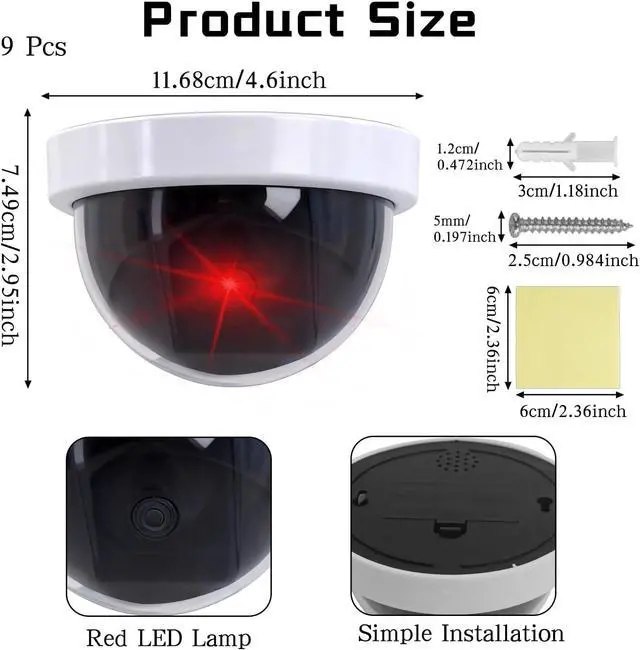 Alt view image 2 of 7 - 9 Pack Dummy Fake Camera CCTV Dome Fake Security, Wireless Surveillance Dummy CCTV, Flashing Red LED Light, with Screws Tape, White Decoy Camera, for Indoor Outdoor Home Business Premises