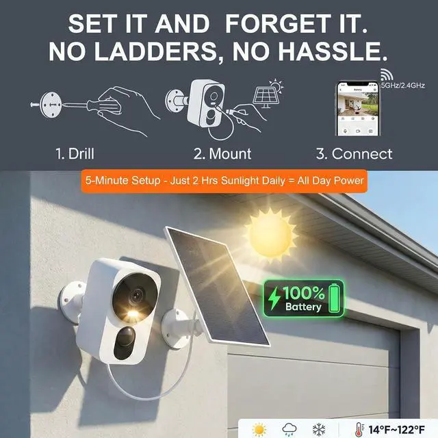 Alt view image 3 of 7 - Heyall 2.5K Solar Security Camera: Wireless Outdoor 4MP Color Night Vision with Solar Panel Keeps 100% Charged & Dual-Band WiFi 6 No Monthly Fee for Garage/Driveway Capture Faces & Plates