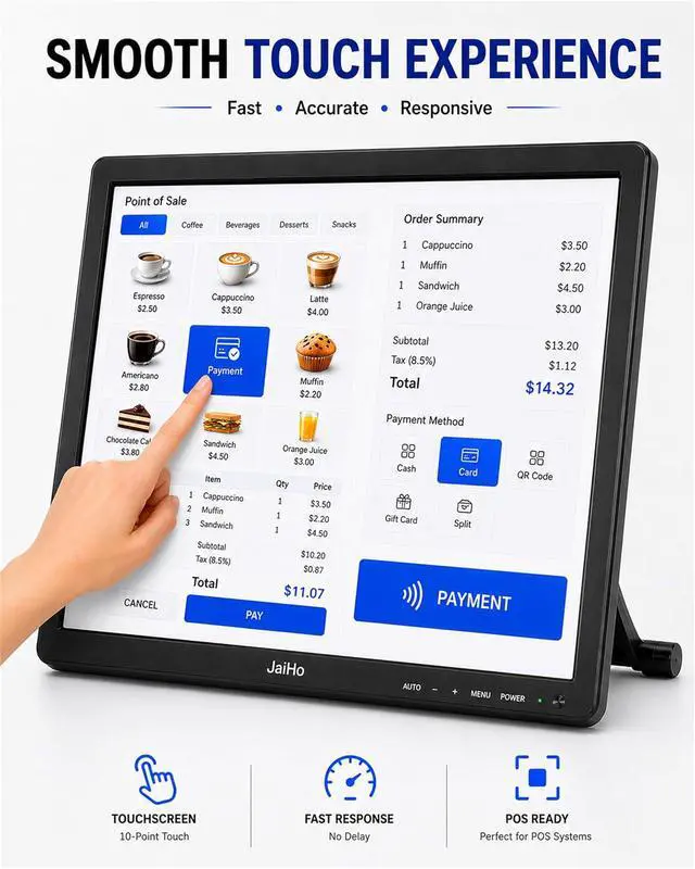 Alt view image 2 of 7 - 15-Inch Touchscreen Monitor, 1024x768 HD 4:3 Aspect Ratio LCD Display, BNC HDMI VGA AV USB Input, 400cd/m² High Brightness Touch Screen for POS Kiosk Industrial Security, Built-in Speakers