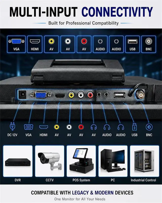 Alt view image 3 of 7 - 15-Inch Touchscreen Monitor, 1024x768 HD 4:3 Aspect Ratio LCD Display, BNC HDMI VGA AV USB Input, 400cd/m² High Brightness Touch Screen for POS Kiosk Industrial Security, Built-in Speakers