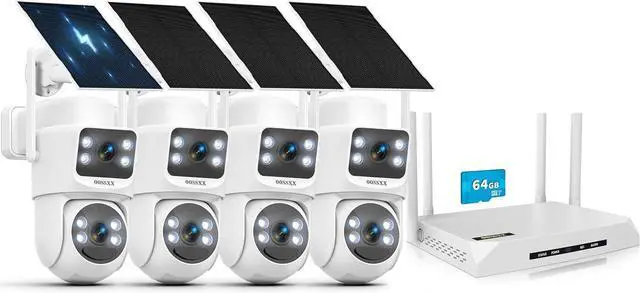 Main image of OOSSXX (2026 New) Solar Security Camera System Wireless Outdoor, 4-Cam Dual Lens 2K (Fixed+PTZ), 10CH Expandable NVR, 64GB Storage, Wire-Free Battery, 2.4/5GHz WiFi Long Range +76%, No Monthly Fee
