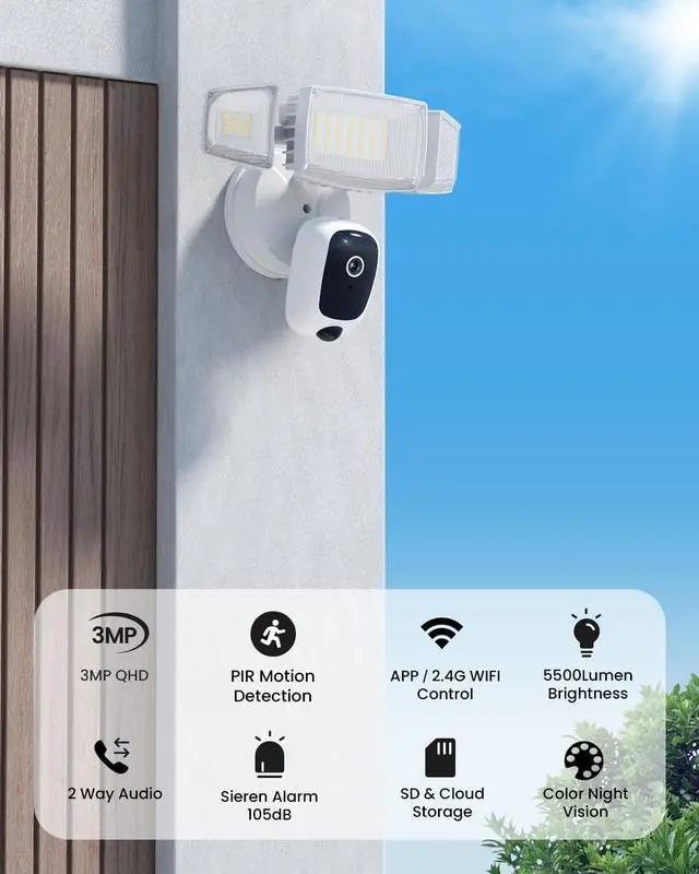 Alt view image 2 of 7 - Olafus Floodlight Camera Outdoor 2K QHD Security Cam with Motion-Activated Flood Lights, Custom Detection Zones, Color Night Vision, 2-Way Talk & 55W Dimmable Lighting White Cream