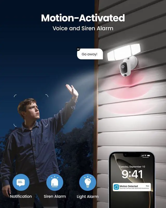 Alt view image 5 of 7 - Olafus Floodlight Camera Outdoor 2K QHD Security Cam with Motion-Activated Flood Lights, Custom Detection Zones, Color Night Vision, 2-Way Talk & 55W Dimmable Lighting White Cream