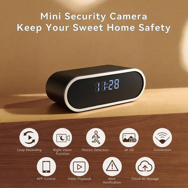 Alt view image 2 of 7 - Wireless WiFi Mini Camera with Clock for for Outdoor/Indoor, Security Camera with AI Motion Detection,Night Vision,Easy to Use & Install