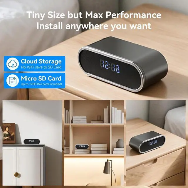 Alt view image 5 of 7 - Wireless WiFi Mini Camera with Clock for for Outdoor/Indoor, Security Camera with AI Motion Detection,Night Vision,Easy to Use & Install